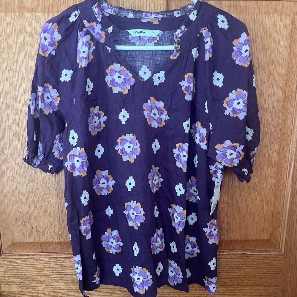 Sonoma cotton ruffle neck, short sleeve Purple Floral Women's Top